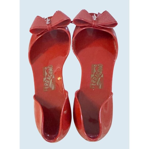 SALVATORE FERRAGAMO Vara Jelly PVC Red Ballet Bow Detail Flats Sz 7 - Picture 6 of 8